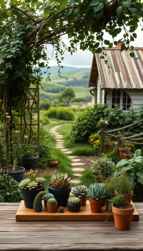 A lush, minimalist garden nestled in a cozy cottagecore setting. In the foreground, a carefully curated arrangement of potted plants and succulents on a rustic wooden table, bathed in soft, natural lighting. In the middle ground, a winding path leads through a verdant, overgrown landscape, with trailing vines and delicate wildflowers. The background features a quaint, weathered cottage with a storybook-like aesthetic, surrounded by a picturesque backdrop of rolling hills and a serene, overcast sky. The overall mood is one of tranquility, simplicity, and a harmonious blend of nature and human touch.