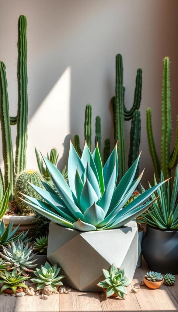A lush, minimalist indoor desert scene featuring a variety of drought-tolerant succulents and cacti. In the foreground, a stylized, geometric planter displays a vibrant, hardy agave plant with striking blue-green leaves. Surrounding it, smaller succulents like echeveria, sedum, and sansevieria add texture and visual interest. The middle ground showcases a few larger specimens, such as a towering barrel cactus and a statuesque euphorbia, cast in soft, natural lighting that highlights their unique silhouettes. In the background, a neutral, muted wall provides a simple, modern backdrop, allowing the plants to take center stage. The overall atmosphere is one of tranquility and elegance, with the desert-inspired design principles of low-maintenance and water conservation at the forefront.