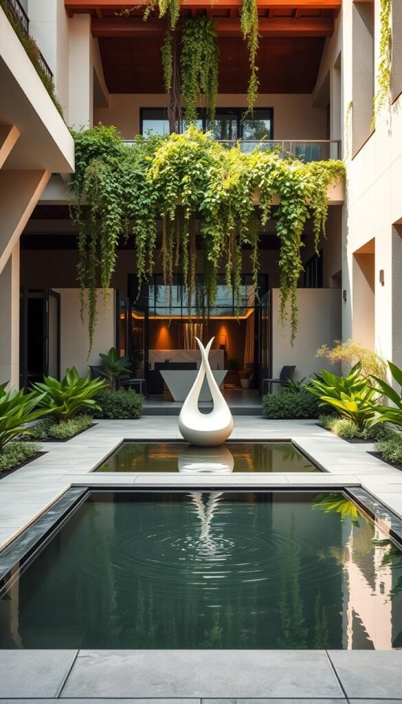 A lush, modern courtyard with an innovative, minimalist design. In the foreground, a tranquil reflecting pool surrounded by neatly trimmed greenery and smooth stone pavers. In the middle ground, an eye-catching sculptural water feature casts gentle ripples. The background features a mix of sleek, angular architectural elements and verdant, trailing vines cascading from overhead trellises, creating an inviting, harmonious atmosphere. Warm, diffused natural lighting filters through the open-air space, casting soft shadows and highlighting the interplay of textures. The overall scene evokes a sense of serene, contemporary elegance.