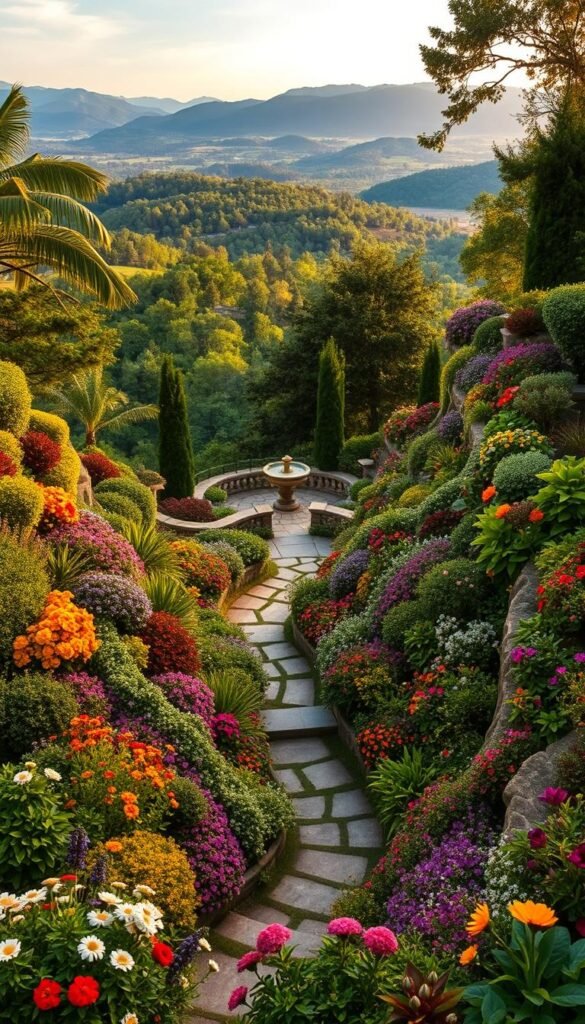 A lush, multi-tiered garden design with cascading terraces overlooking a picturesque landscape. In the foreground, a diverse array of vibrant flowers, shrubs, and ornamental plants adorn the stepped levels, creating a visually captivating display. The middle ground features a meandering stone pathway winding through the different tiers, leading the eye towards a serene water feature or fountain. In the background, a backdrop of verdant trees and rolling hills sets the scene, evoking a sense of tranquility and natural harmony. Warm, diffused lighting casts a soft, golden glow across the entire composition, highlighting the intricate details and textures of the garden's elements. The overall atmosphere conveys a sense of beauty, harmony, and the perfect balance between nature and human-made design.