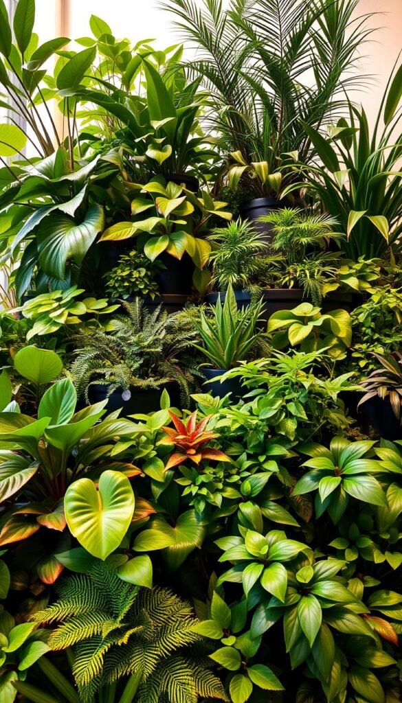 A lush, multi-tiered indoor garden with vibrant foliage cascading in a natural, sculptural arrangement. The foreground features a mix of broad-leaved plants like monstera, philodendron, and dracaena, their leaves overlapping to create a sense of depth and texture. In the middle ground, a variety of ferns and smaller leafy plants, like peperomia and tradescantia, fill the space with soft, feathery forms. The background showcases tall, upright plants like ZZ and snake plants, their tall, architectural stems providing height and structure. The lighting is warm and diffused, casting a gentle glow that accentuates the rich greens and shadows. The overall composition gives an impression of an abundant, thriving indoor oasis.