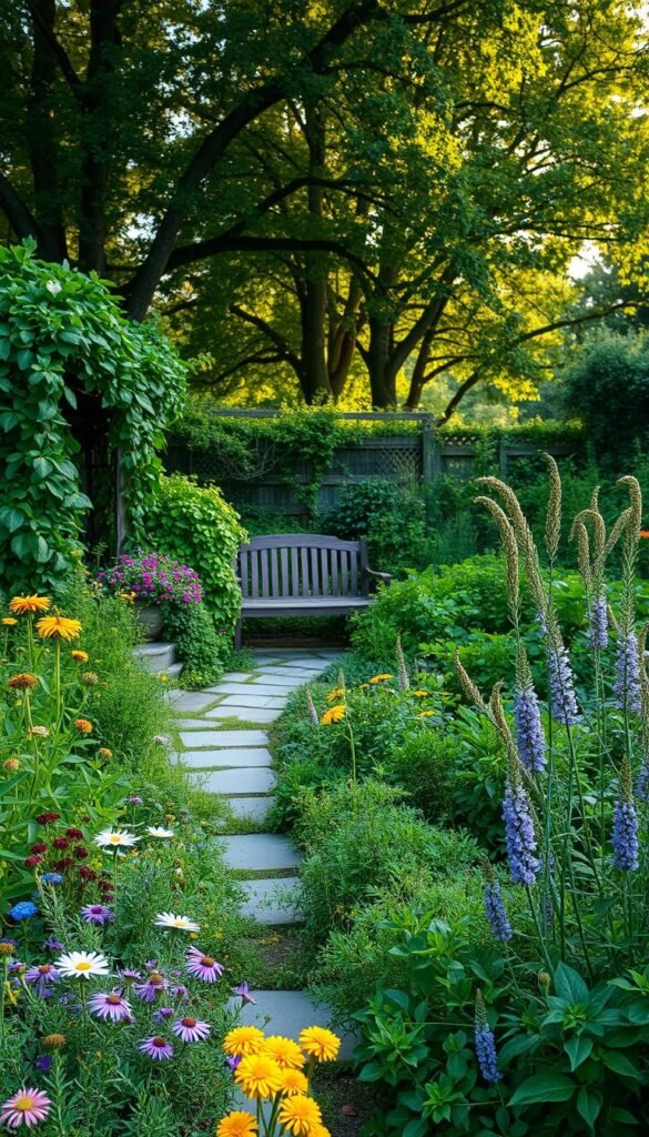A lush, natural garden overflowing with organic textures and verdant hues. In the foreground, a mix of flowering perennials and aromatic herbs creates a vibrant tapestry. The middle ground features a winding stone path leading to a rustic wooden bench nestled amongst cascading vines and shrubs. In the background, a canopy of mature trees filters dappled sunlight, casting a warm, serene glow across the scene. The overall atmosphere evokes a sense of tranquility and harmony, inviting the viewer to pause and immerse themselves in the beauty of a thriving, sustainably-minded garden.