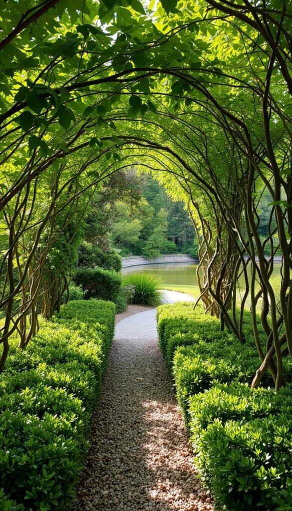 A lush natural hedge design creating a cozy private oasis. Rows of diverse, verdant shrubs and trees in the foreground, their intertwining branches forming a dense, organic privacy screen. Dappled sunlight filters through the foliage, casting a warm, inviting glow. In the middle ground, a winding gravel path leads deeper into the serene garden. The background features a tranquil pond reflecting the surrounding greenery. The overall scene exudes a sense of peaceful seclusion, perfect for a relaxing family retreat.