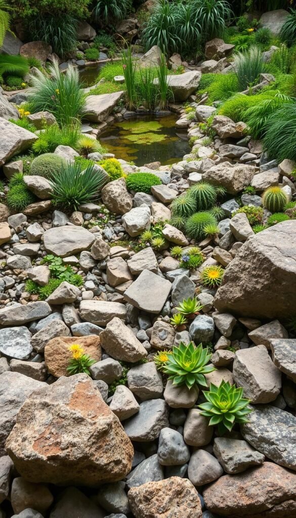A lush, natural rock garden filled with a diverse array of textures and colors. In the foreground, a mix of smooth river rocks, jagged boulders, and weathered stones create an intricate landscape. The middle ground features a variety of low-growing succulents, cacti, and alpine plants, each with their unique foliage and blooms. In the background, a serene pond reflects the surrounding greenery, with wispy grasses and delicate ferns framing the scene. The lighting is soft and diffused, casting gentle shadows and highlighting the organic shapes and tones. Captured with a wide-angle lens to showcase the depth and scale of this tranquil, earthy composition.