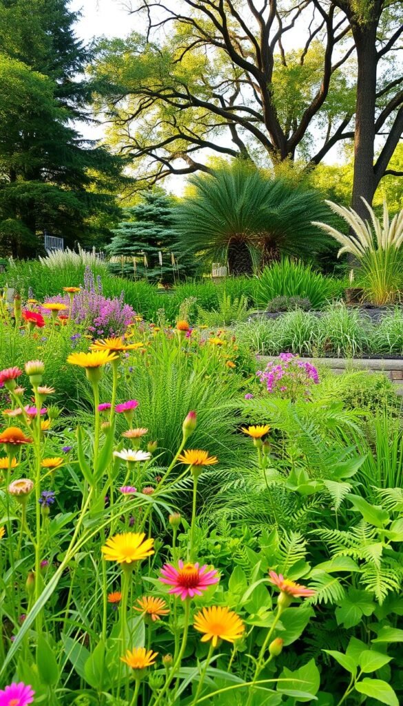A lush, naturalistic garden landscape with a harmonious blend of native plants, perennials, and shrubs. In the foreground, a vibrant mix of colorful wildflowers sway gently in a soft breeze. The middle ground features an array of verdant, textured foliage - ferns, grasses, and flowering plants that create a sense of depth and movement. In the background, a canopy of mature, native trees casts a warm, dappled light across the scene. The overall composition evokes a sense of serenity and a connection to the natural world, inviting the viewer to immerse themselves in the beauty of a thoughtfully curated native plant landscape.