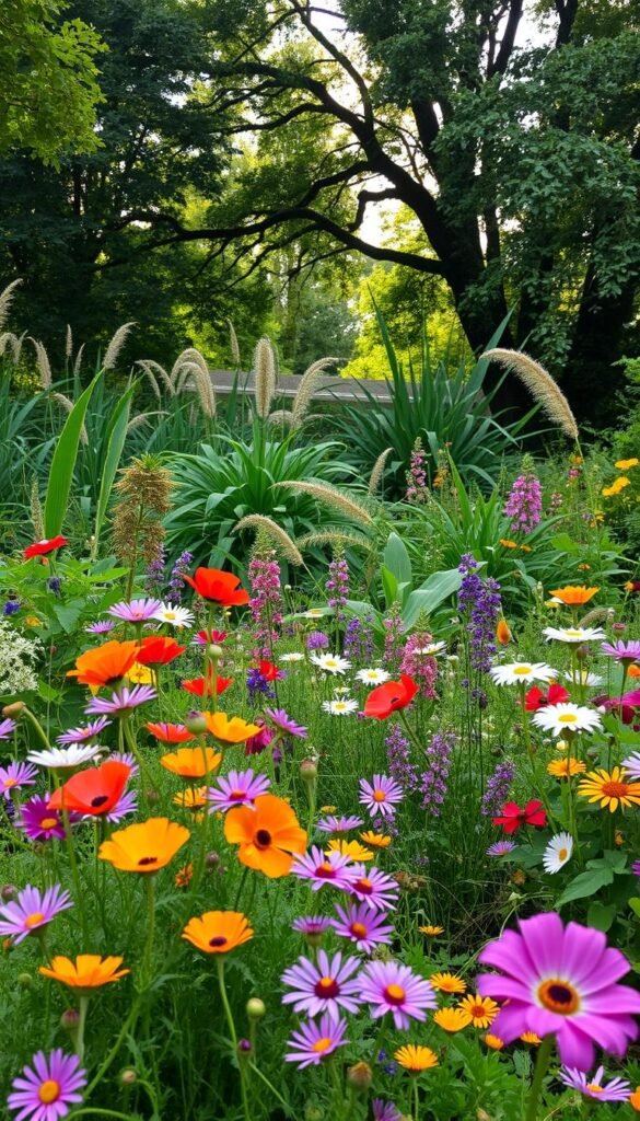 A lush, naturalistic garden with layers of verdant foliage, vibrant blooms, and a sense of wild, free-flowing beauty. In the foreground, a profusion of wildflowers in a riot of colors - delicate poppies, billowing cosmos, and nodding daisies. The middle ground is filled with a tapestry of tall grasses, ferns, and leafy shrubs, creating a sense of depth and movement. In the background, a canopy of mature trees filters the soft, dappled light, casting gentle shadows across the scene. The overall atmosphere is one of serenity and harmony, where nature's artistry is celebrated in all its untamed glory.