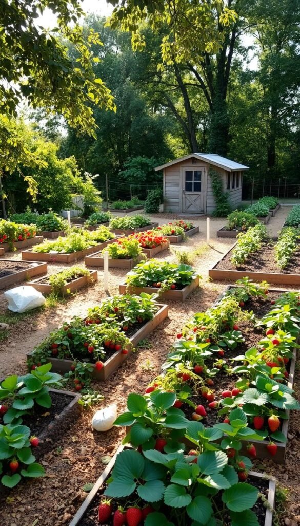 A lush, organic fruit garden with neatly arranged raised beds, filled with vibrant strawberry plants, trailing grape vines, and other small fruits. The layout is carefully planned, with paths winding through the space, allowing easy access to each section. Dappled sunlight filters through the canopy of surrounding trees, casting a warm, natural glow over the scene. In the background, a rustic shed or greenhouse provides storage and a cozy retreat. The overall atmosphere is one of tranquility, inviting the viewer to imagine themselves tending to this bountiful, productive garden oasis.