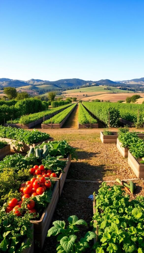 A lush, organized vegetable garden with neatly arranged raised beds in the foreground. The beds are filled with a variety of healthy, vibrant vegetables and herbs, including tomatoes, leafy greens, carrots, and zucchini. In the middle ground, a winding path meanders through the garden, flanked by well-tended rows of crops. The background features a picturesque landscape with rolling hills, a clear blue sky, and the warm glow of afternoon sunlight filtering through the foliage. The overall scene conveys a sense of productivity, harmony, and efficiency within a visually appealing, naturalistic setting.