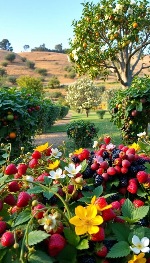 A lush, ornamental fruit landscape unfolds before the viewer's eyes. In the foreground, a bountiful display of colorful, ripe berries - plump strawberries, luscious blackberries, and glistening grapes - intermingle with graceful, trailing vines and delicate flowers. The middle ground showcases a harmonious arrangement of dwarf fruit trees, their branches heavy with an array of citrus, stone fruits, and exotic varieties. In the distance, a gently rolling hillside is dotted with fragrant, blooming shrubs and towering specimen trees, casting warm, dappled light across the scene. The overall composition evokes a sense of abundance, tranquility, and the graceful integration of ornamental and edible elements within a naturalistic landscape. Prompt
