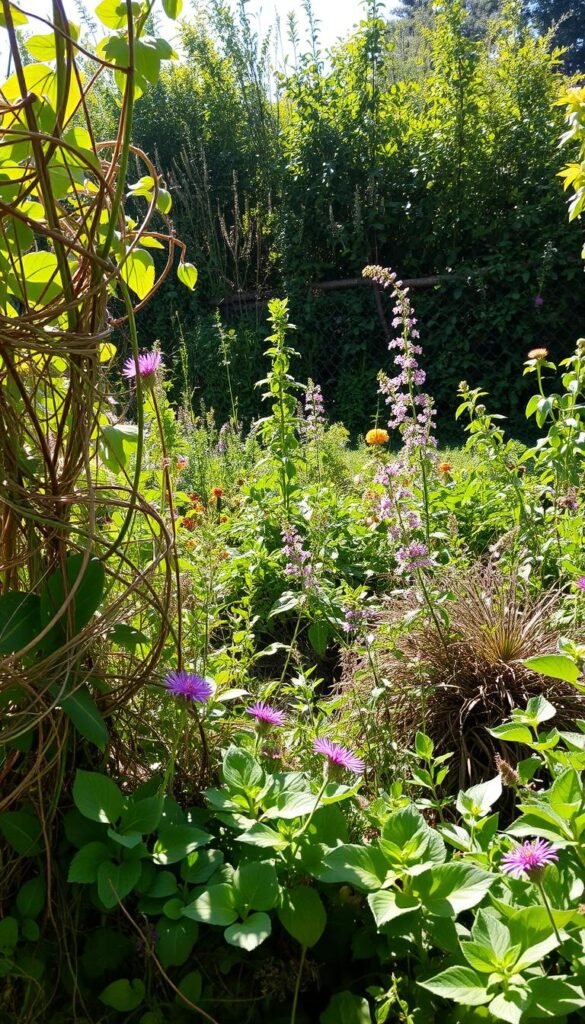 A lush, overgrown backyard filled with a vibrant riot of plants, textures, and colors. In the foreground, tangled vines and wildflowers spill over garden beds in a delightfully unruly display. Towering, intertwining stems and leaves create a sense of verdant chaos, with sunlight filtering through the foliage, casting dappled shadows. The middle ground features a mix of purposeful and spontaneous plantings - herbs, vegetables, and self-seeded natives growing together in a harmonious disarray. In the distant background, the fence line is obscured by an explosion of greenery, blurring the boundaries between cultivated and wild. The overall atmosphere is one of abundant, untamed energy, capturing the essence of the 'chaos gardening' aesthetic.