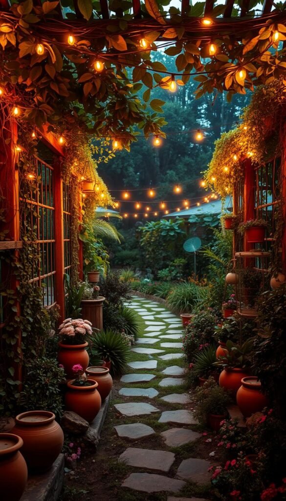 A lush, overgrown bohemian garden illuminated by the warm glow of fairy lights strung across the trellises and canopy of verdant foliage. In the foreground, a whimsical arrangement of terra cotta pots, trailing vines, and scattered blooms create a cozy, inviting atmosphere. The middle ground features a winding stone path leading through the garden, flanked by vibrant, eclectic plantings. Hazy, soft lighting casts a dreamy ambiance, as if captured through a vintage lens. The background is a tapestry of shadowy trees and plants, creating depth and a sense of enchantment. An intimate, magical scene that evokes a romantic, bohemian outdoor sanctuary.