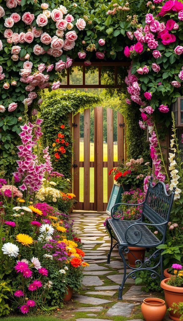 A lush, overgrown cottage garden filled with a vibrant array of vintage-inspired blooms. Cascading vines and climbing roses frame a charming wooden gate, leading to a winding path lined with colorful perennials. Delphiniums, peonies, and hollyhocks sway gently in the soft, golden light of an early summer evening. Weathered garden furniture, a wrought-iron bench, and a collection of terra cotta pots add to the cozy, lived-in ambiance. The scene exudes a sense of timeless beauty and tranquility, inviting the viewer to step into this enchanting, nostalgic world.
