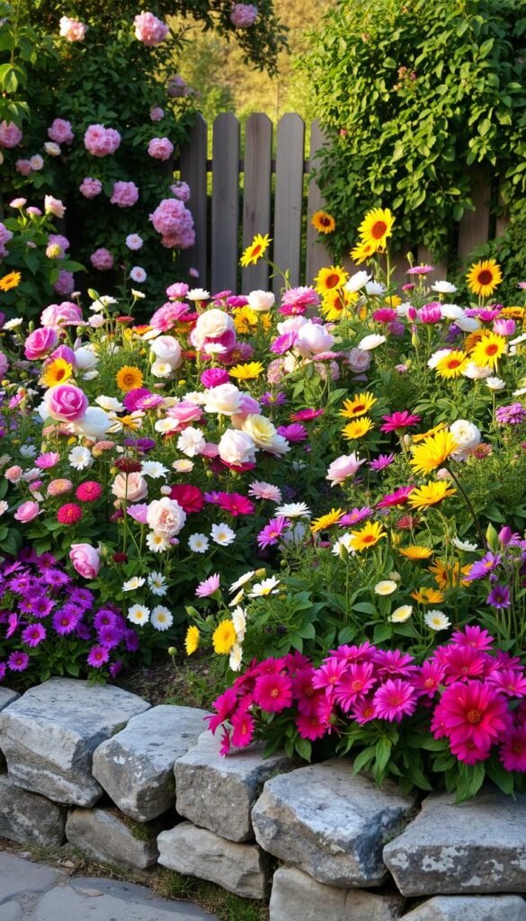 A lush, overgrown cottage garden overflows with a vibrant tapestry of blooms. In the foreground, an abundance of colorful perennials spill over the weathered stone borders, creating a cascading effect. The middle ground showcases a mix of vintage-inspired flowers, including fragrant roses, delicate peonies, and cheerful sunflowers, all bathed in soft, golden afternoon light. In the background, a charming wooden fence is partially obscured by the verdant foliage, adding to the sense of enclosure and coziness. The overall scene emanates a sense of rustic, romantic charm, inviting the viewer to step into this idyllic floral haven.