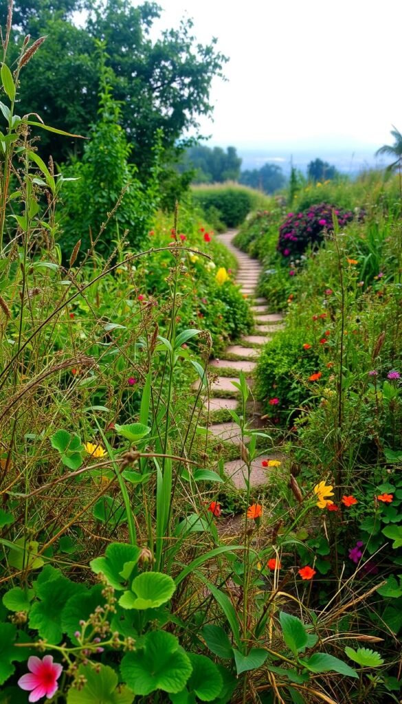 A lush, overgrown garden bursting with vibrant colors and untamed foliage. In the foreground, a diverse array of plants, flowers, and weeds intermingle in a harmonious chaos, their stems and leaves intertwining to create a captivating, organic tapestry. The middle ground features a winding, meandering path through the verdant landscape, hinting at the sense of adventure and exploration. In the background, a blurred, dreamlike skyline with soft, diffused lighting casts a warm, inviting glow over the entire scene. The overall atmosphere evokes a feeling of unbridled freedom, where nature is allowed to flourish and thrive without the constraints of traditional gardening.