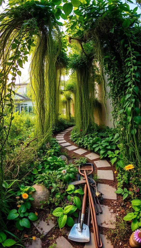A lush, overgrown garden in a state of delightful disarray. Towering, untamed plants jostle for space, their tendrils and leaves spilling over winding stone paths. Sunlight filters through the verdant canopy, casting a warm, golden glow across the scene. In the foreground, a pile of gardening tools lies abandoned, half-subsumed by creeping vines and wildflowers. The overall impression is one of vibrant, unrestrained growth - a harmonious chaos that defies rigid control. Wide-angle lens captures the scene in its entirety, conveying a sense of immersion within this captivating, unruly oasis.
