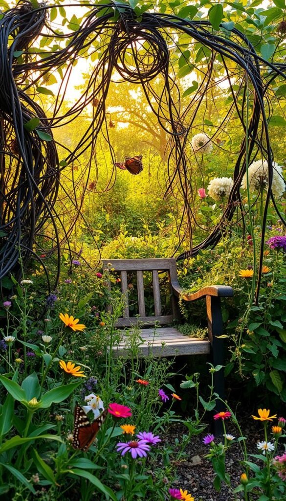 A lush, overgrown garden in a state of disarray, with tangled vines, unruly weeds, and wildflowers bursting forth in a riot of colors. In the foreground, a delicate butterfly flutters among the chaos, conveying a sense of tranquility amidst the visual cacophony. The middle ground features a weathered, wooden bench, half-obscured by the encroaching vegetation, symbolizing the misconception that chaos gardening is simply neglect. In the background, a warm, golden light filters through the canopy, casting a soft, ethereal glow over the scene, hinting at the inherent beauty and balance within the seemingly unstructured landscape.