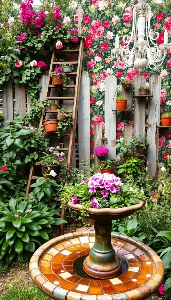 A lush, overgrown garden oasis, filled with an eclectic mix of thrifted treasures repurposed as whimsical decor. In the foreground, a rustic bird bath overflowing with cascading flowers, its cracked surface adorned with mosaic tiles. In the middle ground, a vintage ladder leans against a weathered fence, its steps supporting an array of potted plants and hanging baskets. The background features a vibrant floral tapestry, with a repurposed chandelier casting a warm, ambient glow over the scene. The overall composition exudes a sense of creativity, charm, and a touch of eccentricity, perfectly capturing the essence of transforming thrifted items into garden art.