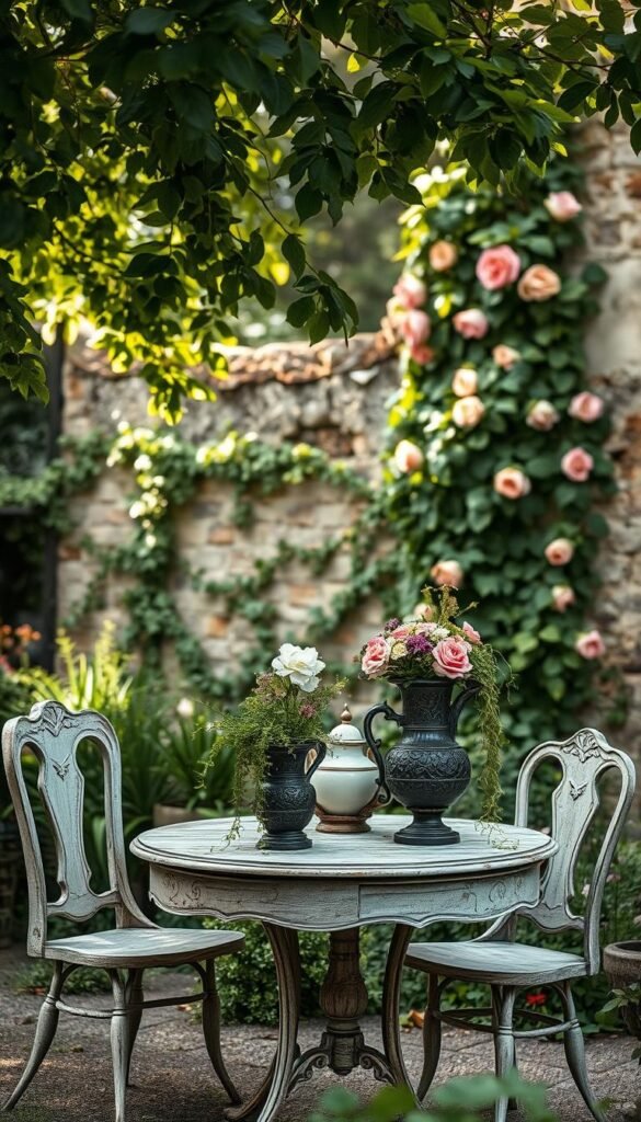 A lush, overgrown garden with a charming, weathered table and chairs set in the foreground. Dappled sunlight filters through the verdant canopy, casting a soft, romantic glow. Ornate, mismatched vases and planters adorn the table, overflowing with cascading flowers and trailing vines. Worn, distressed wood and wrought-iron accents lend a rustic, vintage feel. In the background, a crumbling stone wall is draped with climbing roses, adding to the enchanting, time-worn ambiance. Shallow depth of field creates a dreamy, soft-focus effect, emphasizing the cozy, intimate setting. Overall, a tranquil, whimsical scene that captures the essence of shabby chic garden styling.