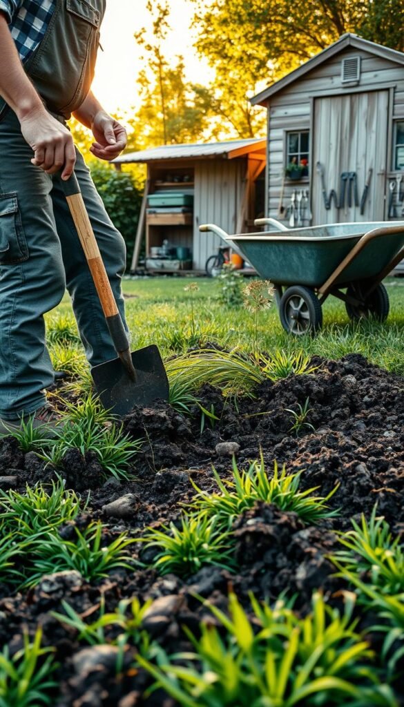 A lush, overgrown lawn is being carefully removed to make way for a thriving vegetable garden. In the foreground, a gardener, dressed in durable work attire, is wielding a sturdy spade, meticulously uprooting the thick grass. The soil is rich and dark, its texture visible as the gardener turns over the sod. In the middle ground, a wheelbarrow stands ready to collect the discarded grass, its worn wooden handles and rusted metal frame suggesting years of faithful service. The background features a well-organized tool shed, its weathered wood and neatly arranged tools conveying a sense of purposeful preparation. Warm, golden sunlight filters through the trees, casting a gentle glow over the scene and hinting at the productive garden that will soon take the lawn's place.