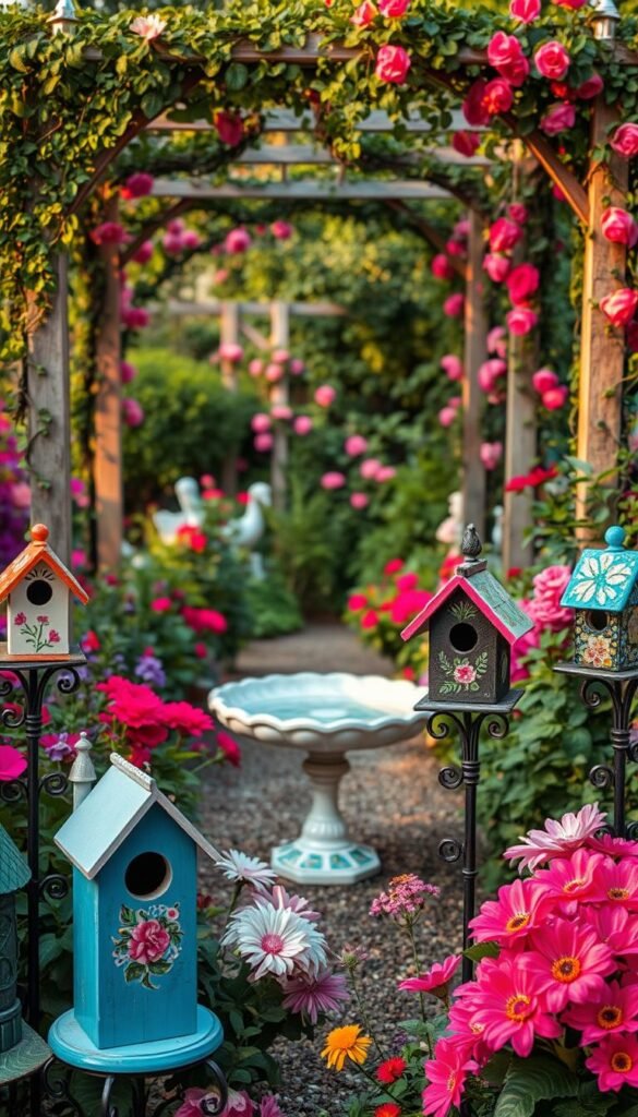 A lush, personalized garden sanctuary with an array of whimsical, hand-crafted accents. In the foreground, a collection of decorative birdhouses, each uniquely painted with intricate floral motifs and patterns, perch atop ornate metal stands. In the middle ground, a mosaic-tiled birdbath glistens in the warm, soft lighting, surrounded by a tapestry of vibrant, blooming flowers and lush greenery. In the background, a charming garden arbor, adorned with cascading vines and climbing roses, frames the tranquil scene, creating a sense of depth and inviting the viewer to explore this enchanting outdoor oasis.