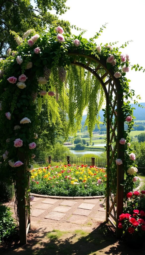 A lush, romantic garden arch adorned with cascading vines and blooming flowers. The arch stands in the foreground, its graceful curves and intricate latticework casting soft shadows on the ground. Trailing ivy, wisteria, and climbing roses weave around the structure, creating a verdant, enchanting display. Dappled sunlight filters through the foliage, casting a warm, inviting glow over the scene. In the middle ground, a well-tended flower bed bursts with vibrant colors, complementing the arch's natural beauty. The background features a picturesque landscape, perhaps a tranquil pond or a rolling hill, adding depth and a sense of tranquility to the composition. The overall mood is one of serene, rustic charm, inviting the viewer to step into this idyllic garden oasis.