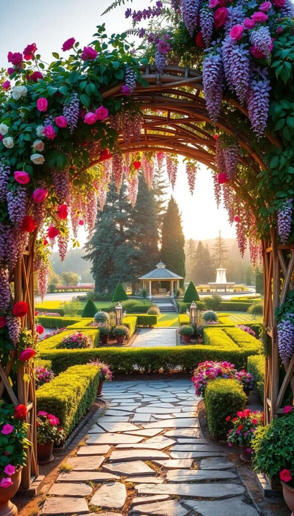 A lush, romantic garden arch adorned with cascading vines and vibrant flowers. The structure is made of intricately woven wooden beams, creating a rustic and whimsical aesthetic. In the foreground, a variety of colorful blooms such as roses, wisteria, and clematis spill over the arch, framing the entryway. The middle ground features a stone pathway leading to the arch, bordered by neatly trimmed hedges and potted plants. The background depicts a serene, sun-dappled garden landscape, with towering trees and a distant gazebo visible. The scene is bathed in warm, golden light, creating a cozy and inviting atmosphere.