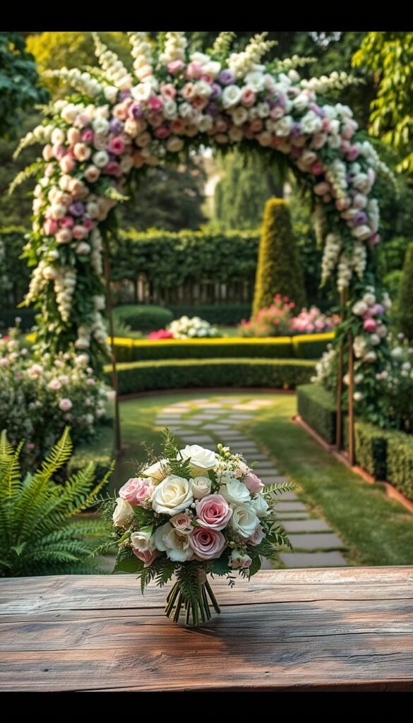 A lush, romantic garden wedding scene with a breathtaking floral arch as the focal point. The arch is adorned with a cascading display of vibrant blooms in shades of pink, white, and soft lavender, effortlessly blending with the verdant foliage. In the foreground, a delicate bouquet of flowers sits atop a rustic wooden table, complemented by intricate botanical details like delicate ferns and trailing vines. The middle ground features a meandering stone path leading to the arch, framed by neatly trimmed hedges and flowering shrubs. Warm, soft lighting filters through the scene, creating a dreamy, enchanted atmosphere that evokes a sense of timeless elegance and natural beauty.