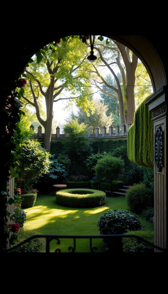 A lush, secluded garden enclosure with a tranquil atmosphere. In the foreground, an ornamental archway draped in cascading vines and flowers creates a captivating entryway. The middle ground features a small, neatly manicured lawn surrounded by dense, verdant shrubbery and towering trees, casting dappled sunlight across the scene. In the background, a high stone wall with intricate carvings and moss-covered accents encloses the space, establishing a sense of privacy and retreat. The lighting is soft and warm, creating a cozy, inviting ambiance. Captured with a wide-angle lens to showcase the depth and scale of the enclosure, this image evokes a hidden oasis of serenity and relaxation.