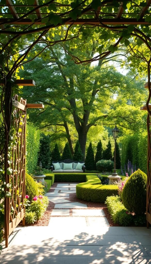 A lush, secluded garden oasis with a captivating privacy design. In the foreground, a whimsical trellis system intertwines with cascading vines, creating a natural screen. The middle ground features a tranquil seating area nestled among vibrant flower beds and sculpted hedges. Dappled sunlight filters through the canopy of towering trees in the background, casting a warm, inviting glow. The scene evokes a sense of peaceful seclusion, a verdant sanctuary away from the outside world. Captured with a wide-angle lens to emphasize the depth and grandeur of this meticulously curated private garden retreat.