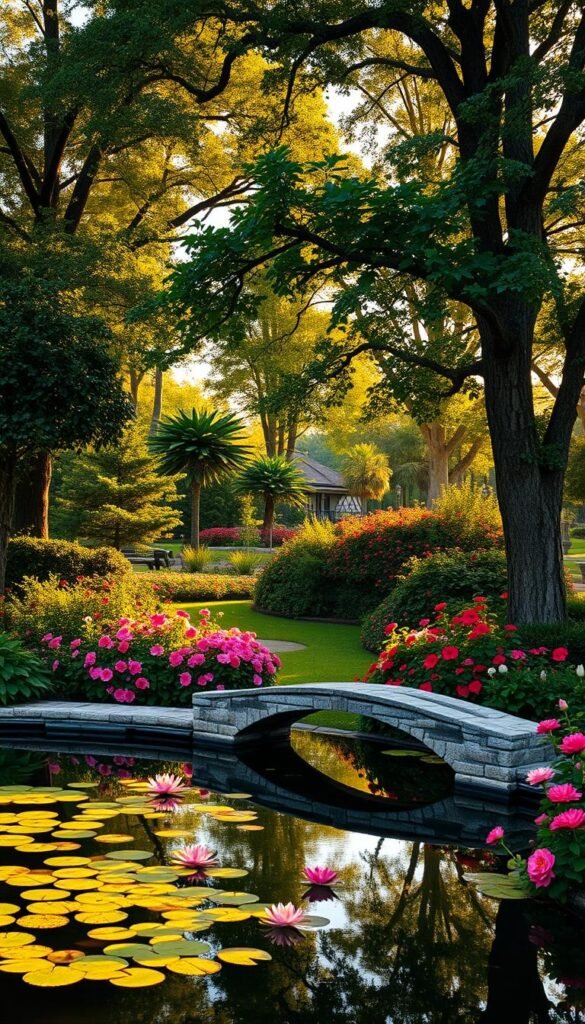 A lush, secluded garden scene bathed in golden-hour lighting. In the foreground, a serene pond with floating water lilies and a graceful stone bridge arching overhead. Towering trees line the perimeter, their verdant canopies casting soft, dappled shadows. Vibrant flowerbeds in the middle ground burst with blooms in warm hues - hibiscus, peonies, and fragrant jasmine. A weathered stone bench nestled among the foliage invites visitors to pause and soak in the tranquil ambiance. The overall scene exudes a sense of peaceful solitude, as if time has slowed to a gentle, meditative pace.