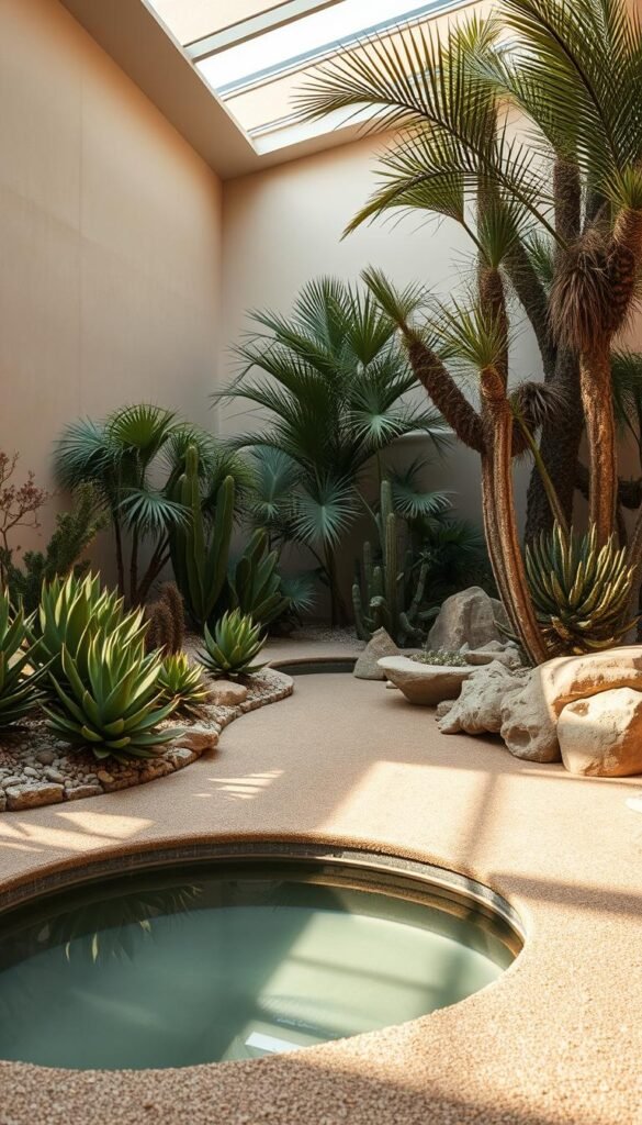 A lush, serene indoor oasis nestled within a minimalist desert landscape. In the foreground, a tranquil reflecting pool bordered by verdant succulents and cacti, their delicate forms casting intricate shadows. The middle ground features a muted palette of earth-toned stones and sand, subtly textured to evoke the natural weathering of the desert. Overhead, a skylight casts warm, diffused light, creating a calming ambiance and casting dynamic patterns across the scene. Towering, sculptural plant life in the background provides a sense of scale and depth, their fronds gently swaying as if in a gentle breeze. The overall composition strikes a harmonious balance between the organic and the architectural, inviting the viewer to retreat into this serene, water-wise sanctuary.