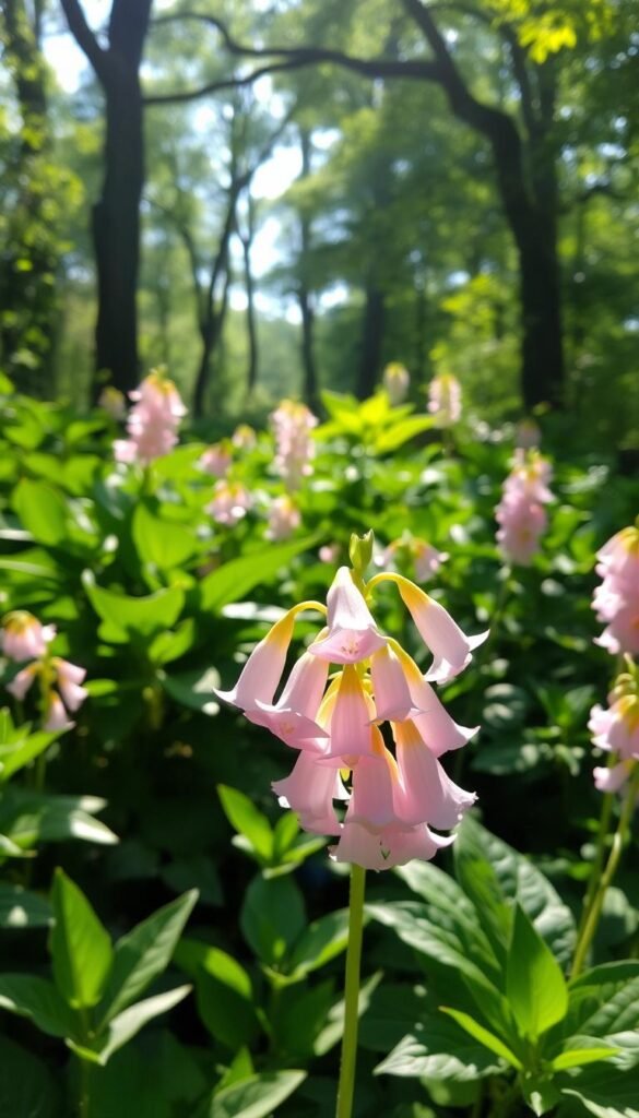 A lush, shade-filled garden with vibrant, low-light adapted flowers thriving in the dappled sunlight. In the foreground, a cluster of delicate, bell-shaped blooms in soft pastel hues sway gently, their petals catching the diffused rays. In the middle ground, broad-leaved foliage provides a rich, verdant backdrop, while the background hints at a secluded woodland setting, with tall trees casting intricate patterns of light and shadow. The overall scene conveys a sense of tranquility and the restorative power of nature, showcasing the beauty and benefits of cultivating shade-loving flowers.
