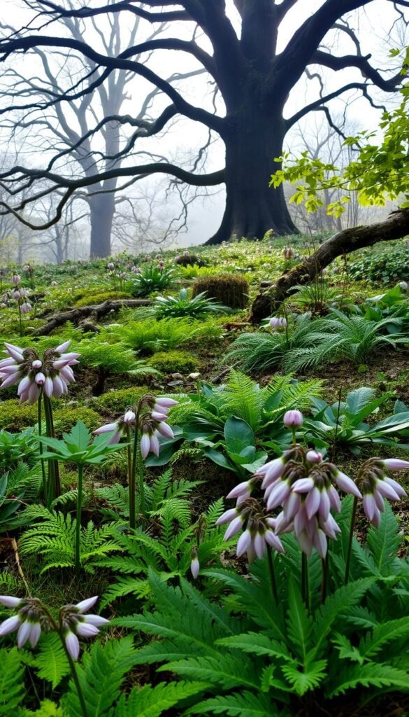 A lush, shade-tolerant garden in early spring, bathed in soft, diffused light. In the foreground, clusters of delicate hellebore blossoms in muted shades of pink, purple, and white, their petals gently unfurling. In the middle ground, a carpet of verdant ferns and mosses, interspersed with the vibrant green foliage of lungwort and Solomon's seal. Beyond, a hazy backdrop of towering oak trees, their branches casting a gentle, protective canopy over the resilient blooms below. The scene exudes a sense of tranquility and resilience, perfectly capturing the essence of hardy, easy-to-grow spring flowers for the beginner gardener.