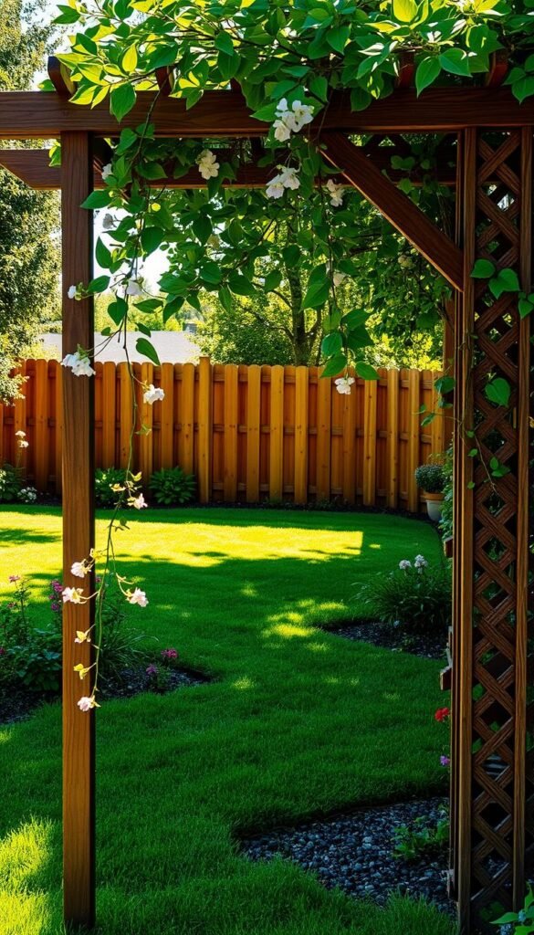 A lush, sun-dappled backyard with a beautifully crafted trellis structure as the focal point. In the foreground, a delicate flowering vine clings gracefully to the intricate lattice work, adding a touch of natural elegance. The middle ground reveals a well-manicured lawn, dotted with vibrant blooms and verdant greenery. In the background, a wooden fence serves as a perfect canvas, allowing the trellis to stand out and command attention. The lighting is soft and warm, casting a golden glow that enhances the overall ambiance. The camera angle is slightly elevated, providing a panoramic view that showcases the seamless integration of the trellis into the backyard landscape, making it the perfect vertical accent for this charming outdoor oasis.
