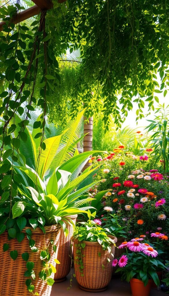 A lush, sun-dappled boho garden, teeming with vibrant foliage and whimsical blooms. In the foreground, cascading vines and trailing philodendrons spill over woven rattan planters. Towering ferns and leafy pothos plants populate the middle ground, their verdant fronds swaying gently in a soft breeze. In the background, a profusion of colorful wildflowers - cosmos, dahlias, and zinnias - sway amidst a riot of verdant greenery. Soft, warm lighting filters through the canopy, casting a golden glow and creating an enchanting, nature-infused atmosphere. Captured with a wide-angle lens to showcase the abundant, harmonious display of boho-inspired garden plants.