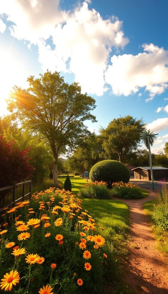 A lush, sun-dappled flower garden nestled in a serene countryside setting. In the foreground, vibrant blooms in shades of yellow, orange, and red sway gently in a soft breeze. A winding dirt path meanders through the center, inviting exploration. Towering trees line the perimeter, casting dappled shadows and providing a natural backdrop. The sky is a brilliant blue, with fluffy white clouds drifting overhead. Warm, golden light filters through the foliage, creating a tranquil, idyllic atmosphere. The scene is captured through a wide-angle lens, showcasing the expansive, picturesque garden in all its glory.
