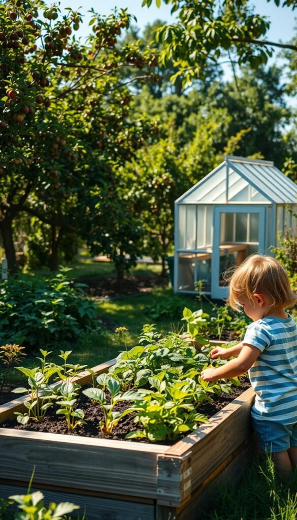 A lush, sun-dappled garden teeming with seasonal gardening projects for kids. In the foreground, a child excitedly tends to a raised planter bed, carefully planting seedlings of vibrant vegetables and herbs. The middle ground showcases a small greenhouse structure, its transparent panels glimmering in the warm afternoon light, inviting exploration. In the background, a bountiful orchard frames the scene, its fruit-laden trees providing a verdant, textured backdrop. The overall mood is one of joy, wonder, and a deep connection to the natural world, inspiring a sense of hands-on learning and healthy eating.