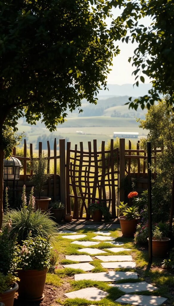A lush, sun-dappled garden with a focal point of a unique and stylish privacy fence. The fence is constructed with a mix of natural materials like wood, stone, and greenery, creating a seamless integration with the surrounding landscape. The foreground features a variety of potted plants and flowers, while the middle ground showcases the intricate design of the fence, complete with subtle lighting and a sense of depth. The background depicts a serene, pastoral scene with rolling hills and a soft, hazy sky, creating a calming and inviting atmosphere. The overall composition conveys a balance of privacy, style, and a harmonious connection with the natural world.