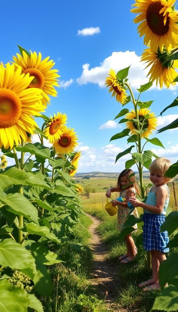 A lush, sun-dappled garden with towering sunflowers in full bloom. In the foreground, two young children joyfully water the plants, their faces alight with excitement. The sunlight casts a warm, golden glow, highlighting the vibrant yellow petals and the lush, verdant foliage. The middle ground features a winding path leading to the sunflowers, inviting the viewer to join in the carefree activity. In the background, a picturesque rural landscape unfolds, with rolling hills and a clear blue sky dotted with fluffy white clouds. The overall scene conveys a sense of tranquility, wonder, and the simple pleasures of nurturing nature alongside loved ones.