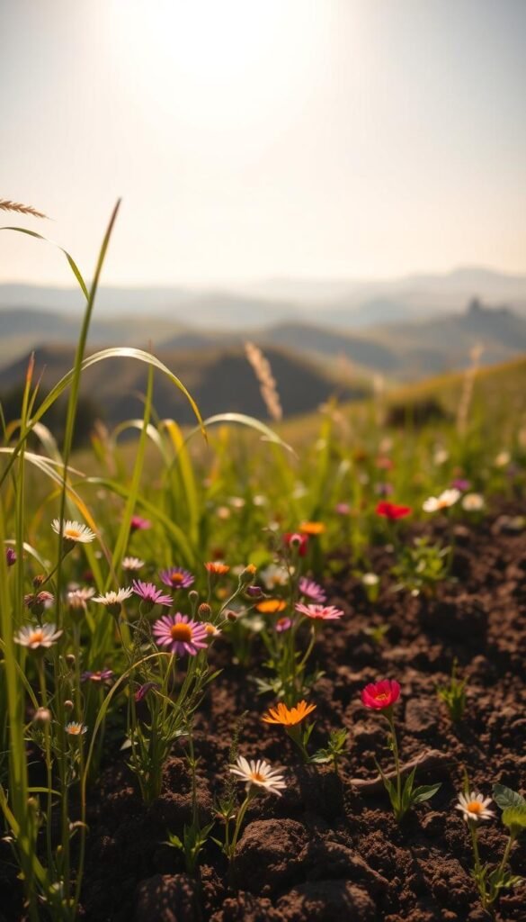 A lush, sun-dappled meadow with rich, loamy soil. Sunlight filters through swaying grasses, casting warm, golden hues across the landscape. In the foreground, delicate wildflowers bloom in a vibrant tapestry of colors, their petals gently caressed by a soft breeze. The middle ground reveals the textured soil, its dark, nutrient-dense composition teeming with life. Towards the horizon, rolling hills fade into a hazy, atmospheric distance, creating a sense of depth and tranquility. The overall scene evokes a serene, naturalistic ambiance, inviting the viewer to envision the potential for a thriving, pollinator-friendly wildflower garden.
