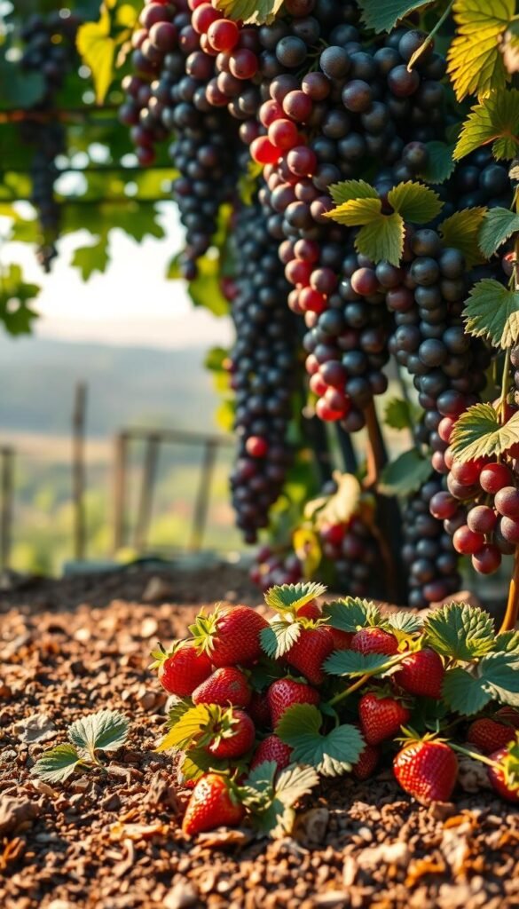 A lush, sun-dappled micro-climate showcasing the interplay of vibrant strawberries and plump, iridescent grapes. In the foreground, a cluster of juicy strawberries nestled among their verdant leaves, basking in the warm, golden light. Behind them, cascading vines heavy with succulent, jewel-toned grapes spill across a trellis, creating a sense of abundance and harmony. The middle ground features a rich, loamy soil dotted with organic matter, nourishing the plants. In the background, a hazy, blurred landscape suggests a tranquil, secluded garden oasis, bathed in a soft, atmospheric glow. Shot with a shallow depth of field, the image emphasizes the delicate textures and vibrant colors of these complementary small fruits, inviting the viewer to immerse themselves in this lush, inviting micro-climate.