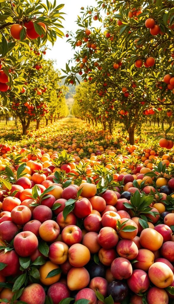A lush, sun-dappled orchard filled with an abundance of vibrant mixed fruit varieties. In the foreground, clusters of ripe, juicy apples, pears, peaches, and plums in a variety of colors – red, golden, blushing pink, and deep purple. The middle ground features a mix of citrus fruits like oranges and lemons, their glossy leaves swaying gently in a soft breeze. In the background, the silhouettes of mature apple and cherry trees create a picturesque, layered canopy, their branches heavy with seasonal produce. Warm, golden natural lighting bathes the scene, casting long shadows and creating a sense of harmony and fruitful plenty.