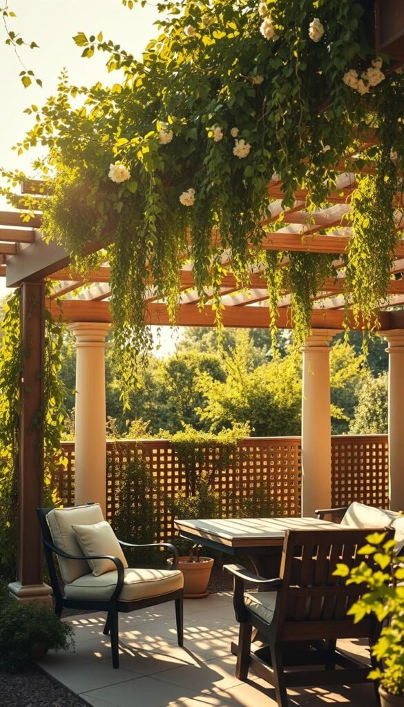 A lush, sun-dappled pergola stands tall, its elegant latticed beams casting a delicate pattern of shadows on the patio below. Cascading vines and trailing greenery adorn the structure, creating a natural canopy that filters the light and offers soothing shade. In the foreground, a pair of comfortable, cushioned outdoor chairs invite relaxation, while a wooden dining table and bench set the stage for alfresco meals. The scene is bathed in warm, golden tones, reflecting the gentle glow of the afternoon sun and evoking a sense of tranquility and retreat. The entire composition exudes a serene, inviting atmosphere, perfectly capturing the essence of a shaded, sheltered outdoor living space.