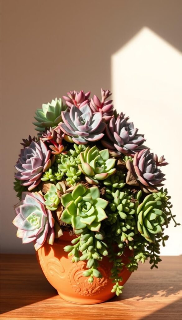A lush, sun-drenched arrangement of drought-tolerant succulents in an ornamental clay pot. Plump rosettes of jade, echeveria, and sedum in shades of green, purple, and pink cascade gracefully, their textures glistening under warm, directional lighting. The background is a soft, muted tone, allowing the vibrant colors and intricate shapes of the succulents to take center stage. The overall composition evokes a sense of tranquility and low-maintenance beauty, perfectly suited for a beginner's garden.