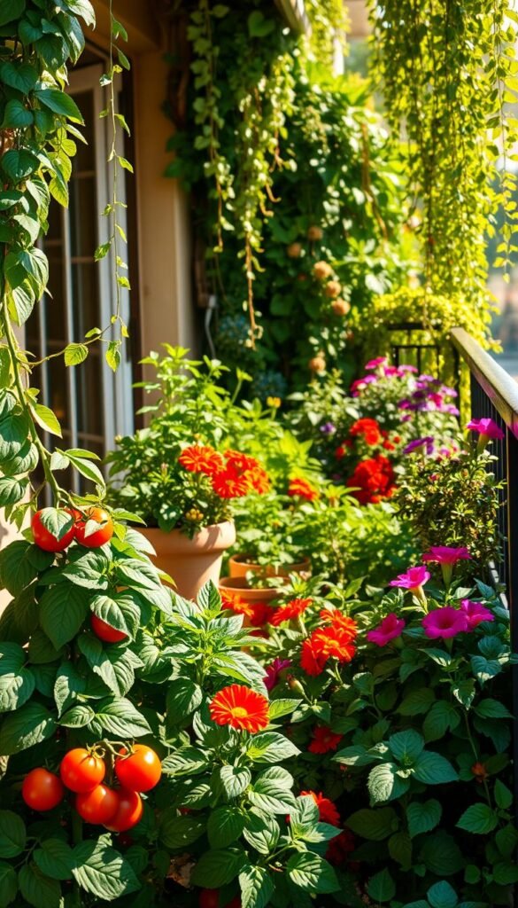 A lush, sun-drenched balcony showcasing a vibrant array of container-grown plants. In the foreground, a bountiful mix of leafy greens, trailing vines, and colorful blooms - tomatoes, basil, marigolds, and cascading petunias. The middle ground features a variety of potted herbs, their aromatic leaves gently swaying in the breeze. Framing the scene, a backdrop of trailing ivy, lush ferns, and delicate flowering plants, creating a verdant and inviting oasis. The lighting is warm and natural, casting a soft glow and accentuating the rich hues. The composition is balanced, with the plants arranged in a visually appealing manner, hinting at the joys of cultivating a thriving balcony garden.