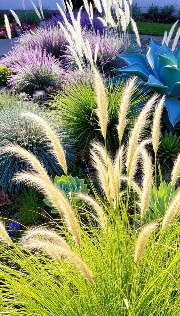 A lush, sun-drenched front garden overflowing with vibrant ornamental grasses and sculptural succulents. In the foreground, tall wispy pampas grass sways gently, its plumes catching the warm afternoon light. Behind, a tapestry of mounding blue fescue, feather reed grass, and purple fountain grass creates a captivating textural contrast. Nestled among them, rosettes of jade plants, echeveria, and ghostly silver 'Blue Glow' agave add architectural drama. The overall scene evokes a serene, drought-tolerant oasis, inviting visitors to pause and appreciate the beauty of these resilient, low-maintenance plants.