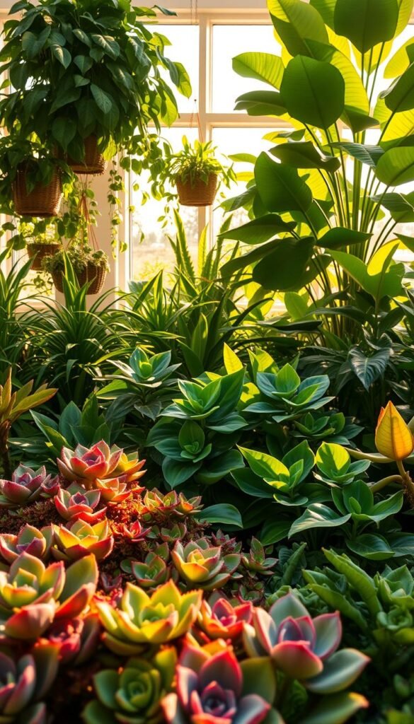 A lush, sun-drenched indoor garden filled with vibrant, high-light houseplants. In the foreground, a cluster of thriving succulents with thick, textured leaves in shades of green, purple, and red. In the middle ground, verdant philodendrons cascade from hanging baskets, their glossy, heart-shaped foliage catching the warm, golden light streaming through large windows. In the background, towering fiddle-leaf fig trees stand tall, their broad, sculptural leaves reflecting the luminous ambiance. The overall scene exudes a sense of lush, natural abundance, highlighting the beauty and resilience of these high-light, low-maintenance indoor plants.