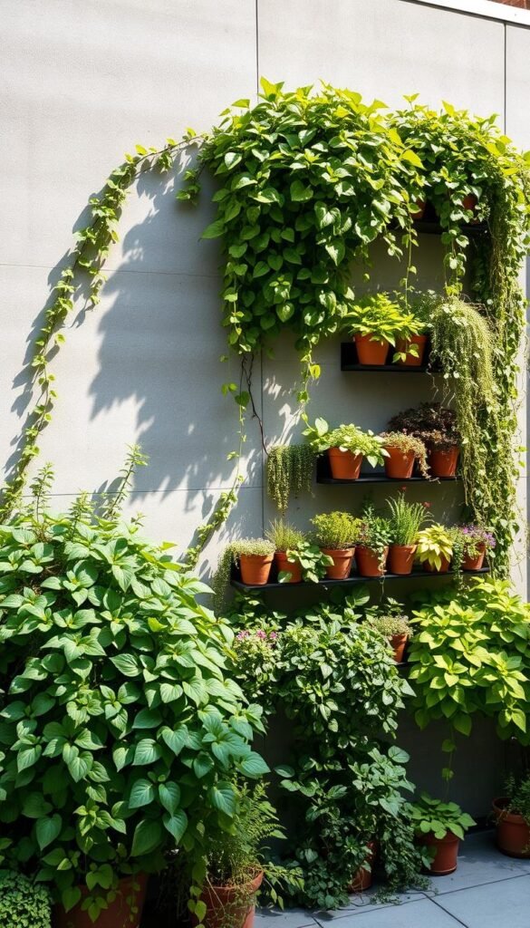 A lush, sun-drenched vertical garden cascading down a modern, minimalist wall. The foreground features an array of verdant foliage in various shades of green, with trailing vines and climbing plants spilling over the edges. The middle ground showcases a variety of potted succulents, herbs, and flowering plants artfully arranged in a tiered fashion. In the background, a sleek, grey concrete wall acts as a striking contrast, highlighting the vibrant colors and textures of the thriving vegetation. The lighting is natural and soft, casting gentle shadows that accentuate the depth and dimension of the garden. The overall scene exudes a sense of tranquility and urban oasis, inspiring viewers to embrace vertical and container garden strategies in their own landscape.