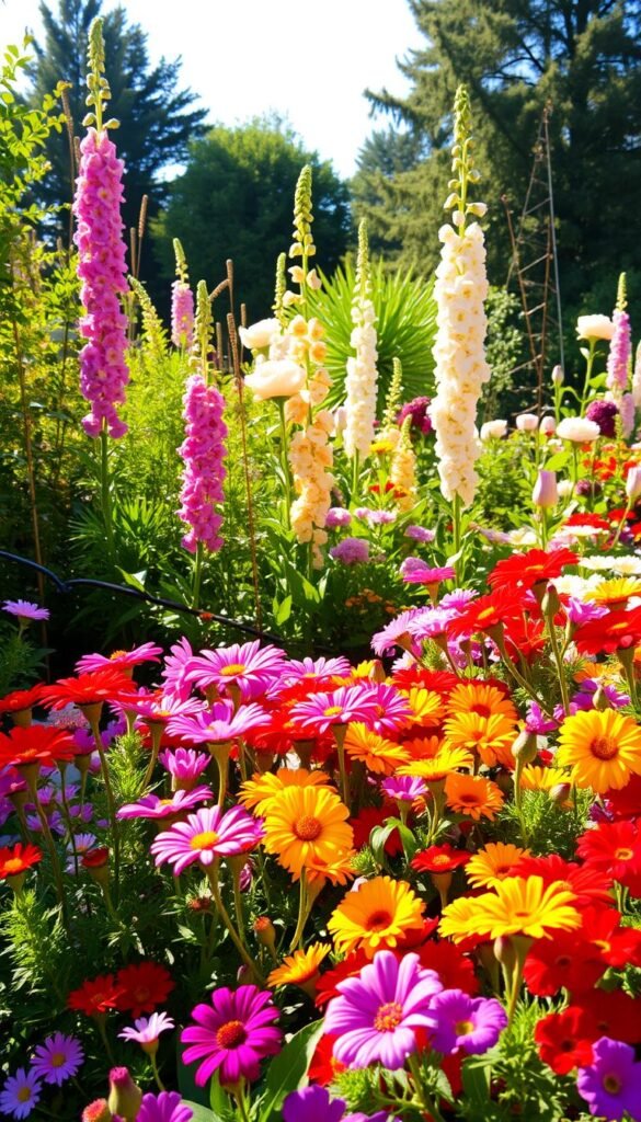 A lush, sunlit flower garden filled with a vibrant selection of annuals and perennials. In the foreground, a cluster of colorful blooms including zinnias, marigolds, and petunias. In the middle ground, towering stalks of delphiniums and peonies sway gently in a light breeze. The background features a mix of verdant foliage and the soft silhouettes of mature trees, creating a serene, natural setting. The scene is bathed in warm, golden light, conveying a sense of tranquility and the beauty of a thriving, carefully curated flower garden.
