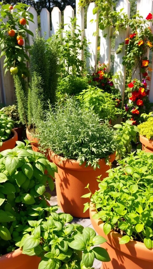 A lush, sunlit kitchen garden filled with thriving, easy-to-grow herbs. In the foreground, a vibrant array of basil, oregano, and chives spill out from terracotta pots, their leaves gently swaying. The middle ground features a flourishing rosemary bush and a cluster of verdant parsley plants, casting dappled shadows on the warm, weathered wooden planters. In the background, a cheerful cluster of cherry tomato vines and a trailing vine of fragrant nasturtiums add pops of color, framed by a rustic, whitewashed fence and the soft, hazy glow of a summer afternoon.